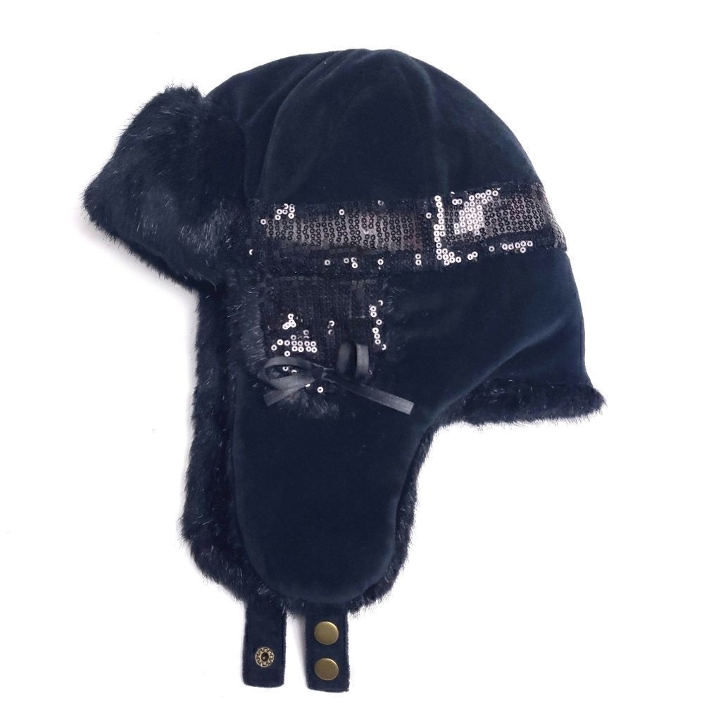 Black winter faux fur girls hat with sequins
